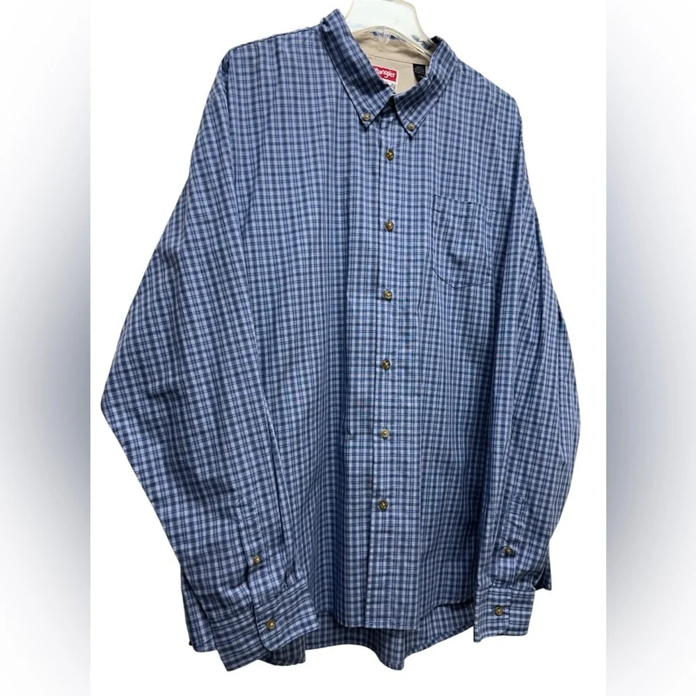 Wrangler Premium Button-Down Flannel Shirt Men's 3XL Long Sleeve Blue Plaid - Picture 2 of 8